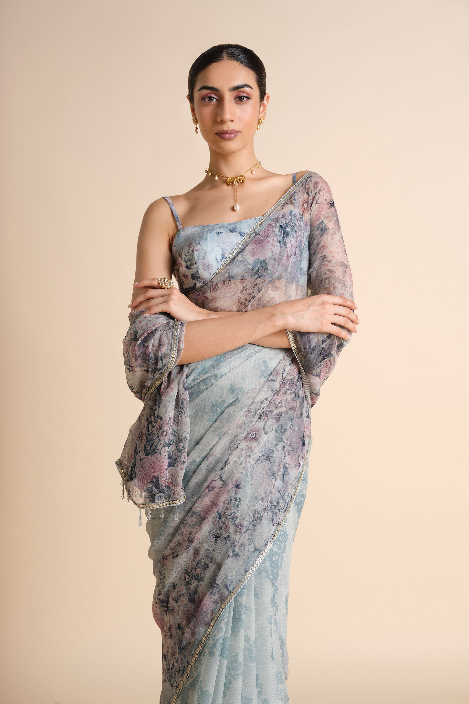 Flores Chiffon Saree - Powder Blue, Powder Blue, image 5